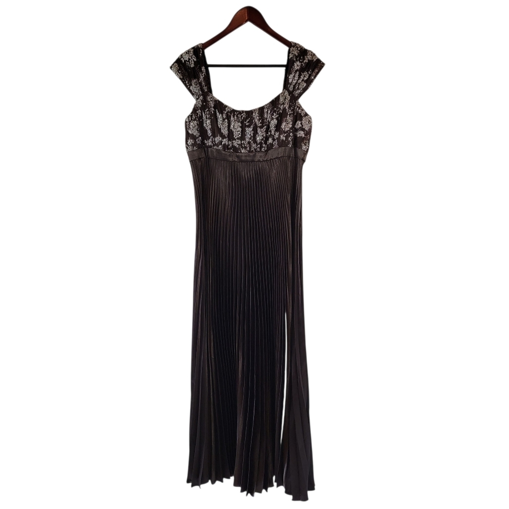 THEIA Brown Floral Lace Metallic Pleated Gown Sz 10 | Side Slit Evening Wedding